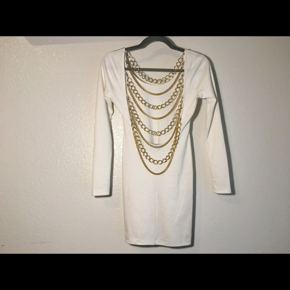 White Bodycon Dress with Gold Chain Detail